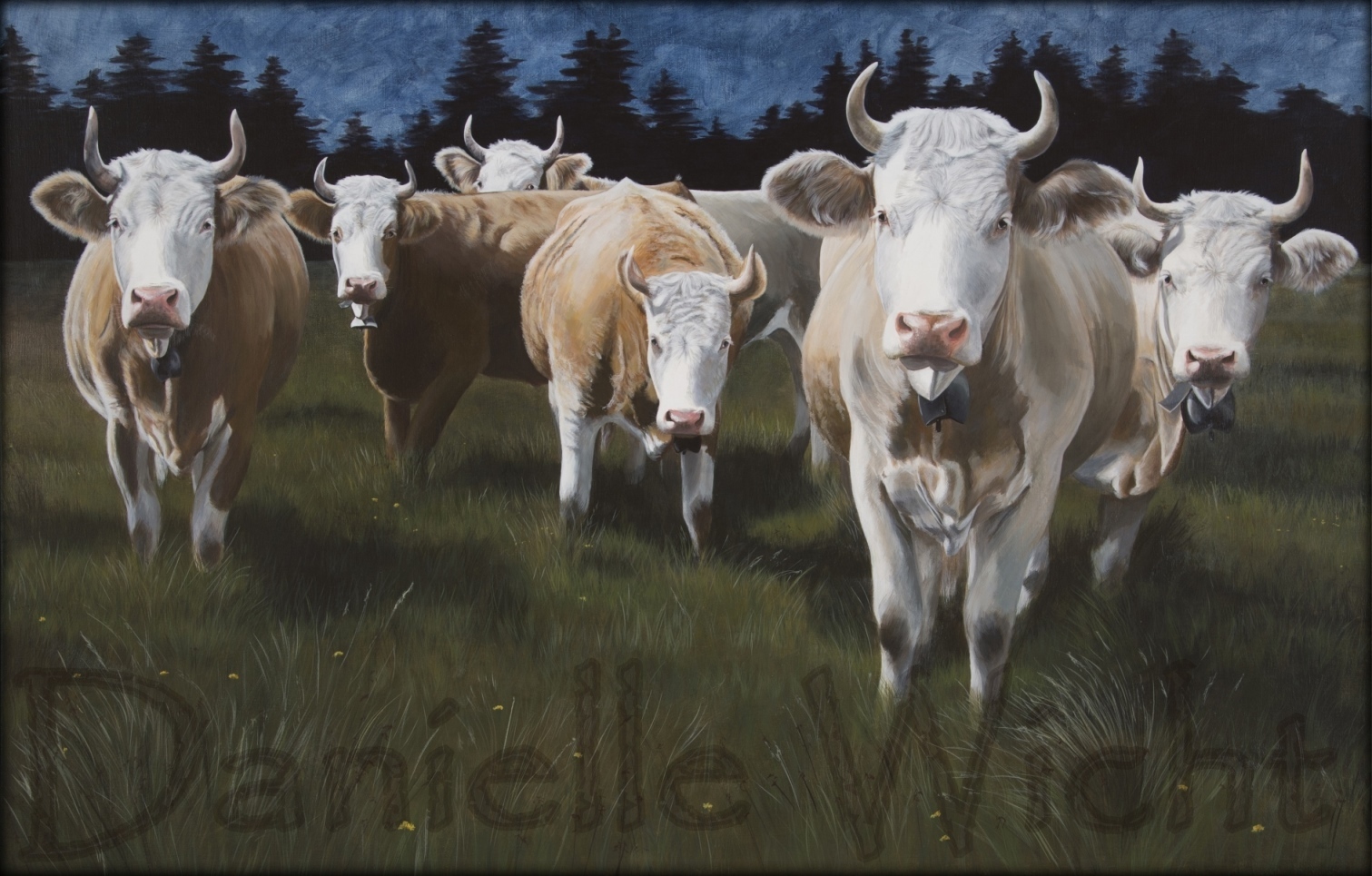 Vaches Simmental à l'orée de la foret  Huile sur toile de lin  90 x 140 cm  Danielle Wicht
