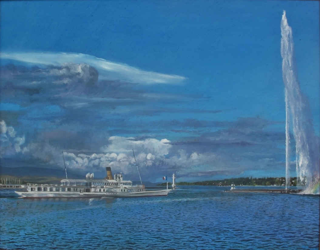 La rade de Genève et le jet d'eau Huile sur toile 41 x 51 cm (encadré 52 x 61 cm) Gisèle Bryers