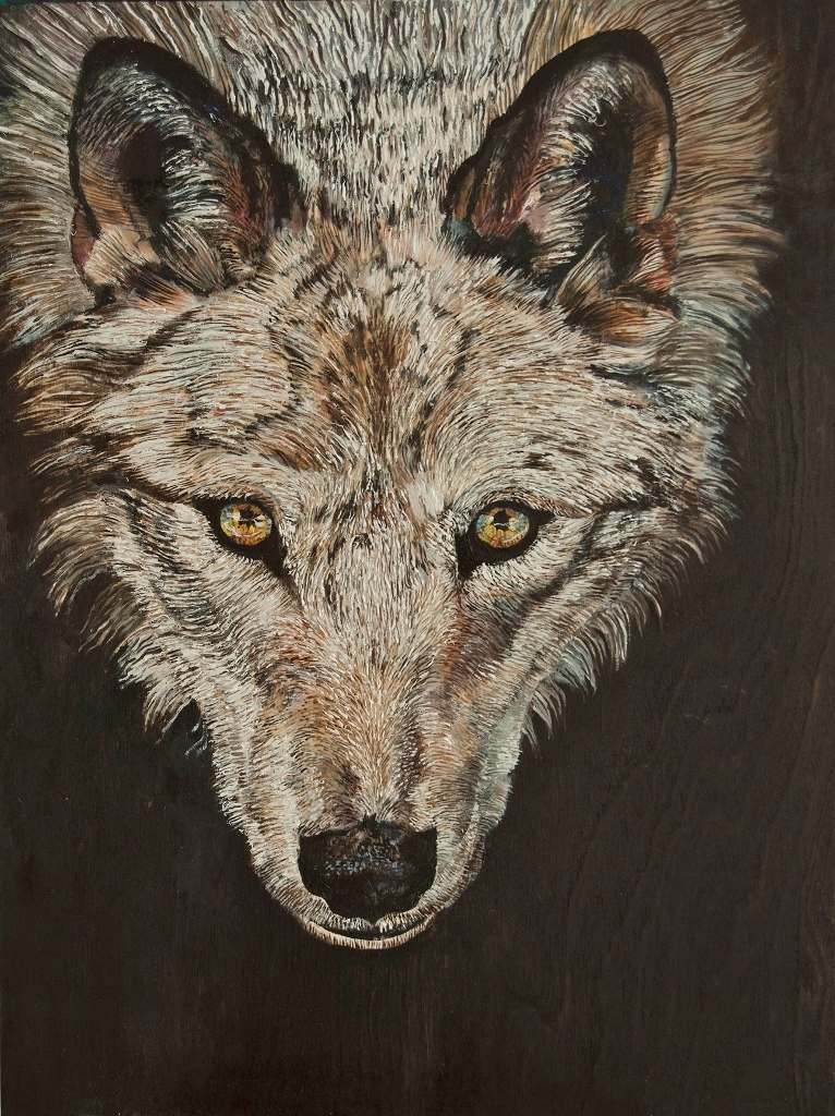 Portrait de loup Huile  sur bois  40 x 30 cm Gisèle Bryers