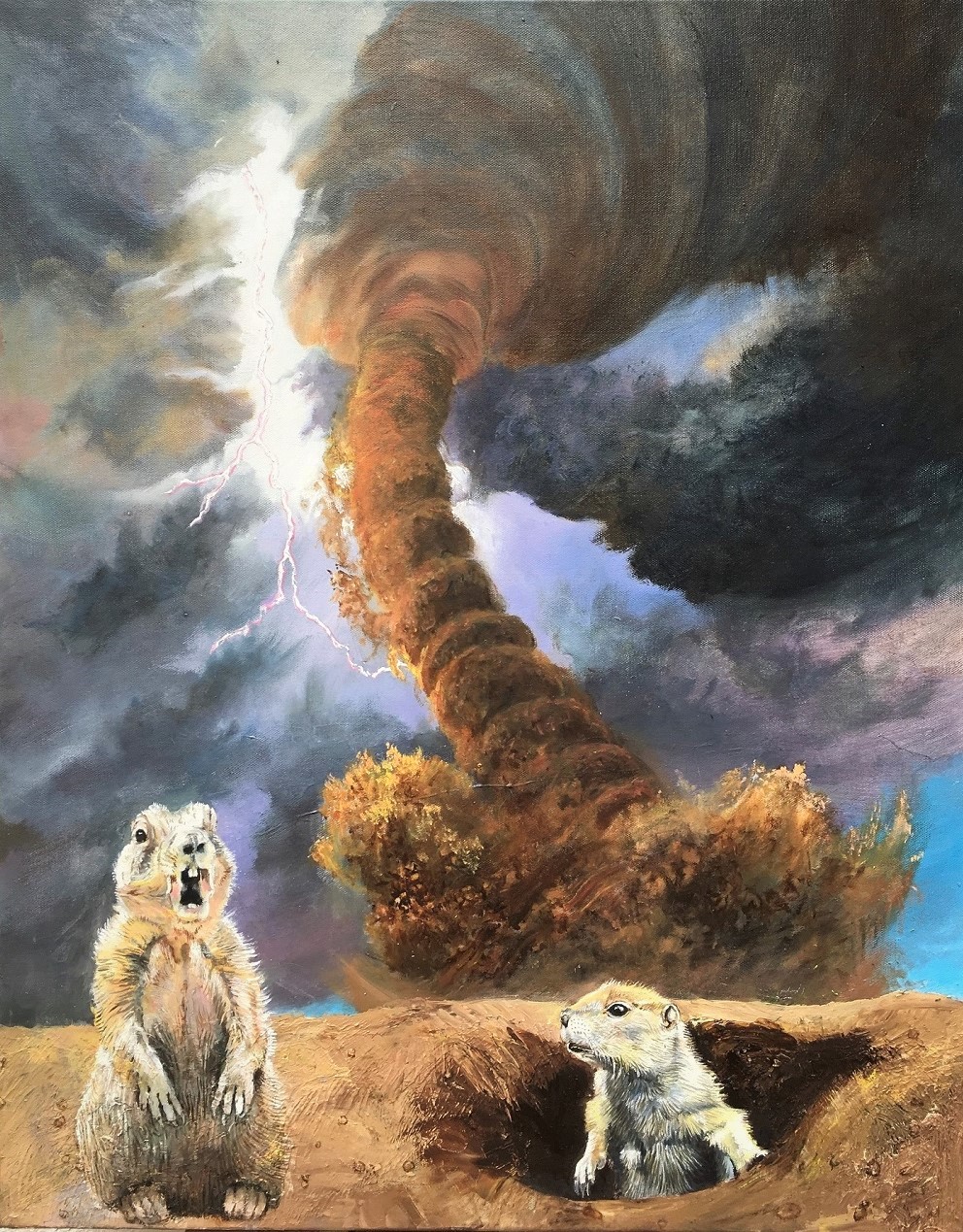 Chiens de prairie et tornade Huile sur toile 76 x 60 cm Gisèle Bryers