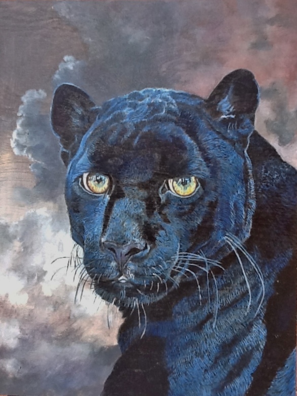 Panthère noire (Jaguar mélanitique) Huile sur bois 40 x 30 cm  Gisèle Bryers