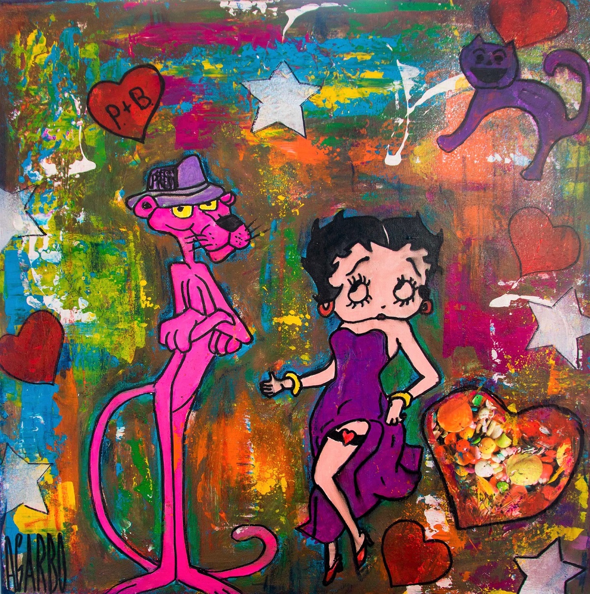 Pink pantère et Betty Boop Technique mixte sur toile  60 x 60 cm Angelo Garbo