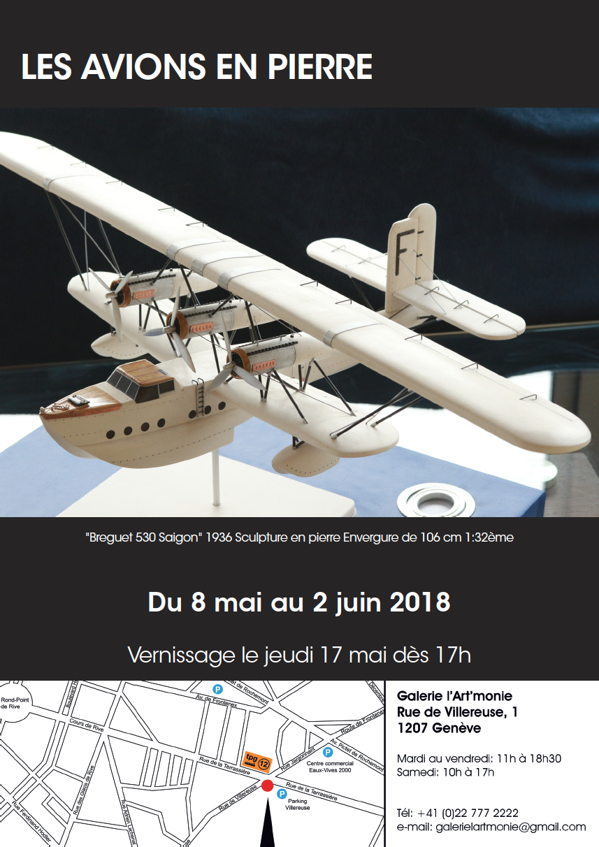 Invitation à l'exposition des avions en pierre à la Galerie l'Art'monie Genève