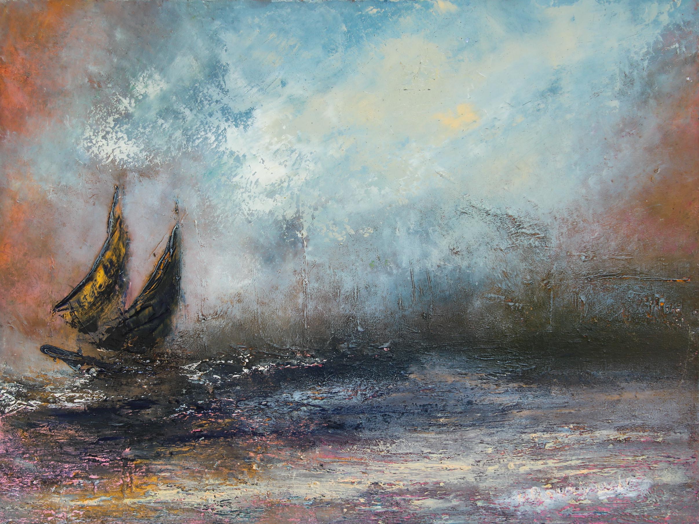 Les voiliers sur le lac Léman Huile sur toile 46 x 61 cm Hélène Bourgault