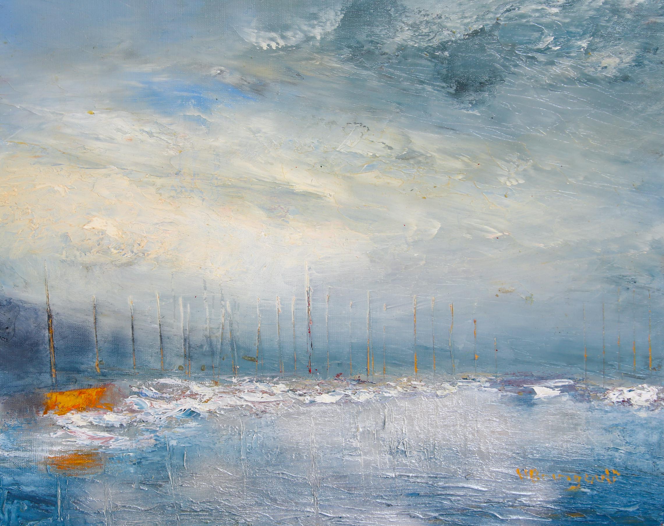 Lumière d’orage sur le port d’Ouchy Huile sur toile 40 x 50 cm Hélène Bourgault